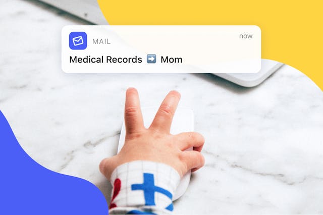 Baby hand on computer mouse. Email of Medical Records to Mom. Representing sharing medical records with family.